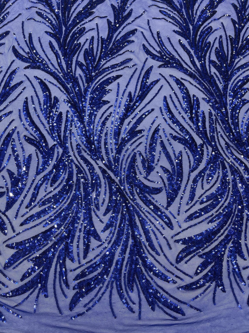 Leaf Stretch Sequins Fabric - Dark Royal Blue - 4 Way Stretch Sequins on Lace Mesh Fabric by Yard