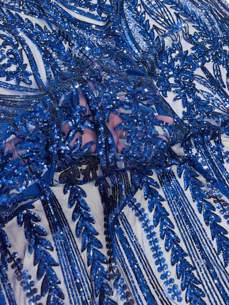 Mermaid Design Fabric - Dark Royal Blue - 4 Way Stretch Sequins Fabric on Lace Mesh Sold By Yard