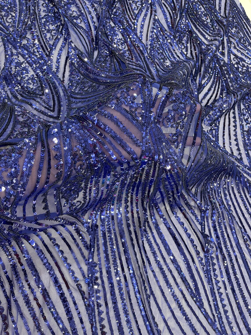 Curvy Design Sequins Fabric - Dark Royal Blue - 4 Way Stretch Curvy Sequins Design Mesh Fabric by Yard