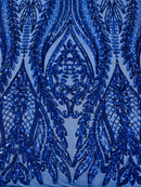 Mermaid Design Fabric - Dark Royal Blue - 4 Way Stretch Sequins Fabric on Lace Mesh Sold By Yard