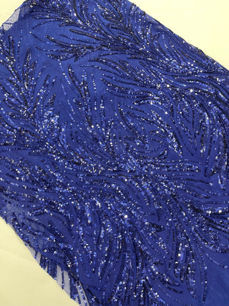 Leaf Stretch Sequins Fabric - Dark Royal Blue - 4 Way Stretch Sequins on Lace Mesh Fabric by Yard