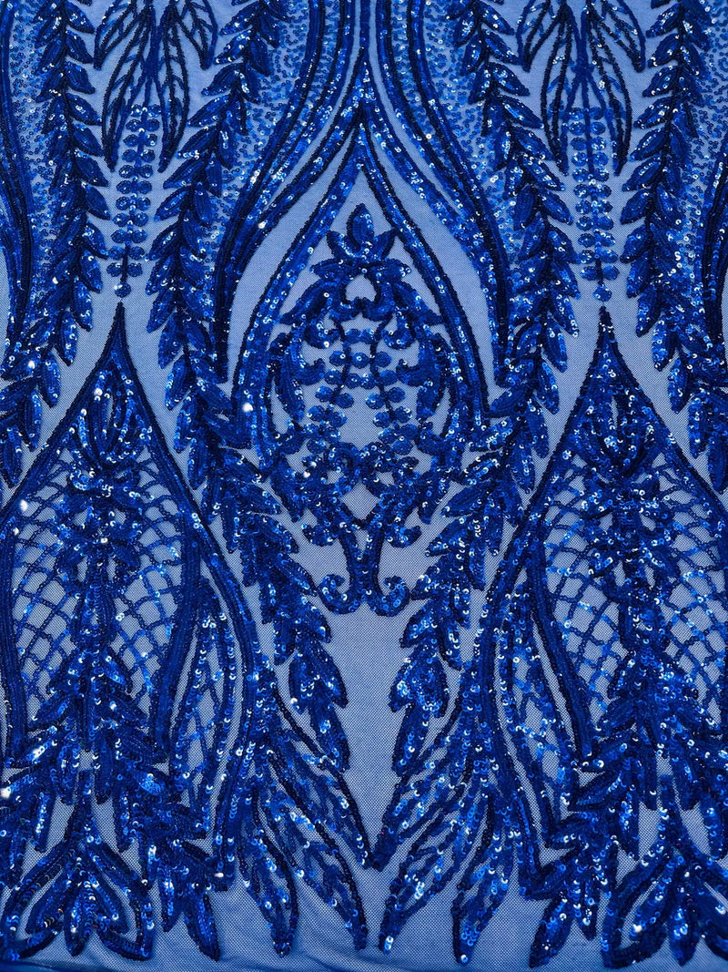 Mermaid Design Fabric - Dark Royal Blue - 4 Way Stretch Sequins Fabric on Lace Mesh Sold By Yard