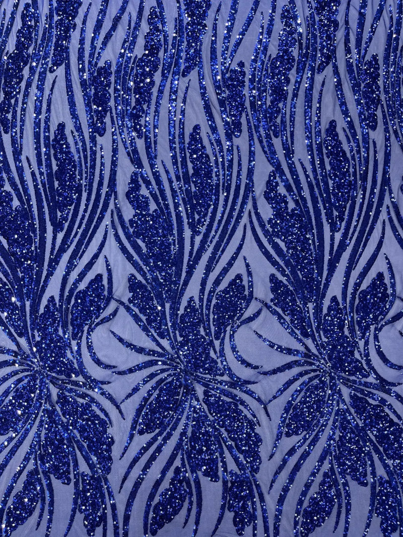 Wavy Leaf Design Fabric - Dark Royal Blue - 4 Way Stretch Sequins Lace Mesh Leaf Design Fabric by Yard