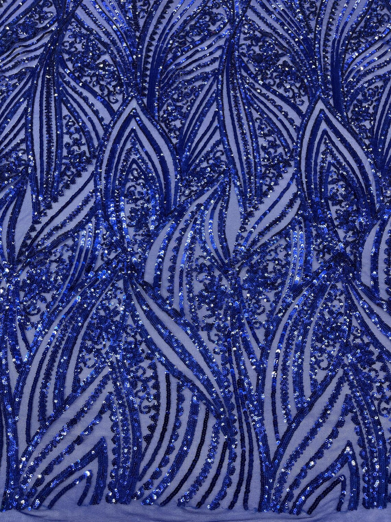 Curvy Design Sequins Fabric - Dark Royal Blue - 4 Way Stretch Curvy Sequins Design Mesh Fabric by Yard