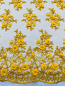3D Floral Fabric - Dark Yellow - Embroidered Flower with Rhinestone and Sequins Fabric Sold By Yard
