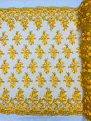 3D Floral Fabric - Dark Yellow - Embroidered Flower with Rhinestone and Sequins Fabric Sold By Yard