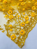 3D Floral Fabric - Dark Yellow - Embroidered Flower with Rhinestone and Sequins Fabric Sold By Yard