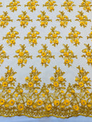 3D Floral Fabric - Dark Yellow - Embroidered Flower with Rhinestone and Sequins Fabric Sold By Yard