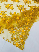 3D Floral Fabric - Dark Yellow - Embroidered Flower with Rhinestone and Sequins Fabric Sold By Yard