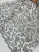Corded Lace Flower Fabric - Silver - Floral Design Embroidered Sequins on Mesh Lace Fabric