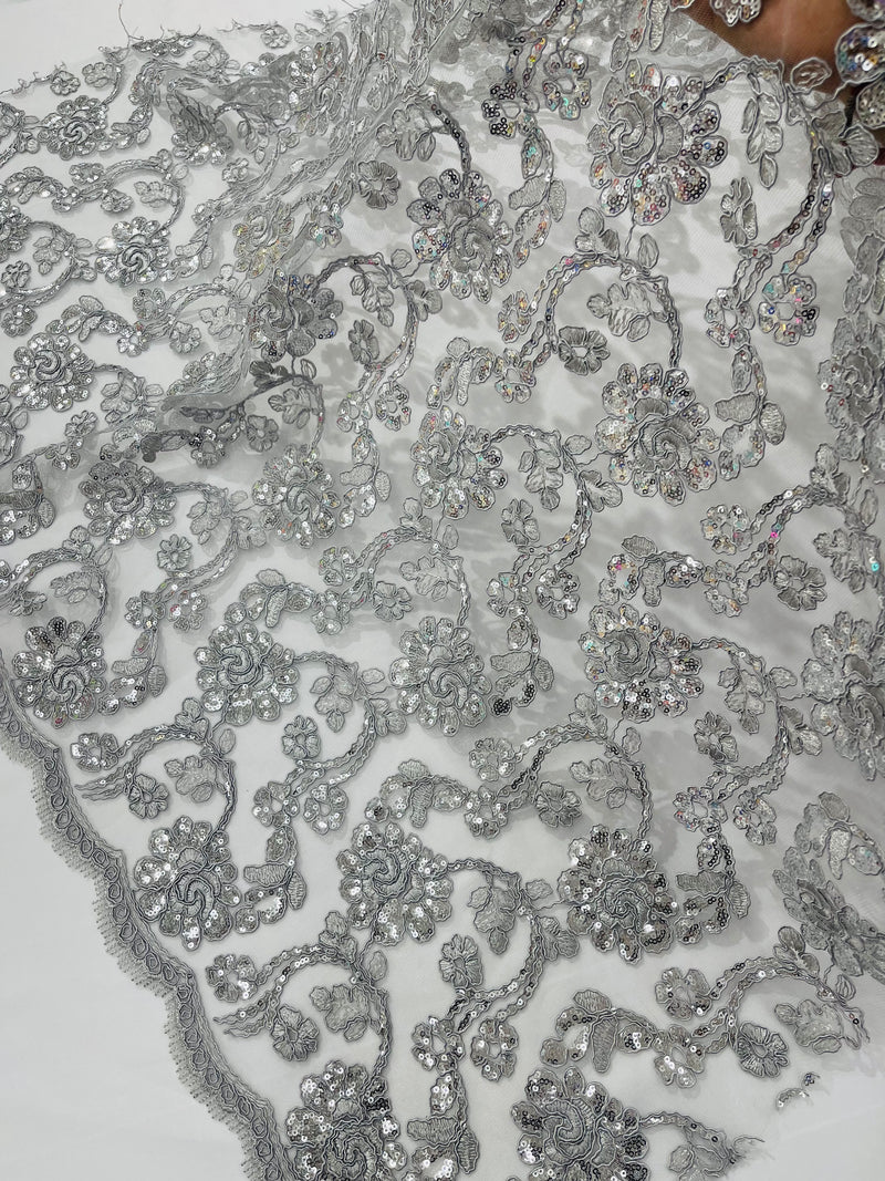 Corded Lace Flower Fabric - Silver - Floral Design Embroidered Sequins on Mesh Lace Fabric