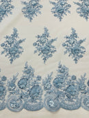 3D Floral Valentina Lace Fabric - Baby Blue - Sequins and Beads on Flower Design Fabric By Yard