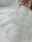 White Beaded Fabric - Floral Beads and Sequins Embroidered on a Mesh Sold By Yard