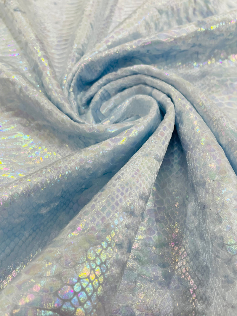 Baby Blue Iridescent Illusion Anaconda Foil Printed On Stretch Velvet - Sold By The Yard