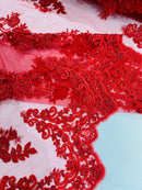 Red Beaded Fabric - Floral Beads and Sequins Embroidered on a Mesh Sold By Yard