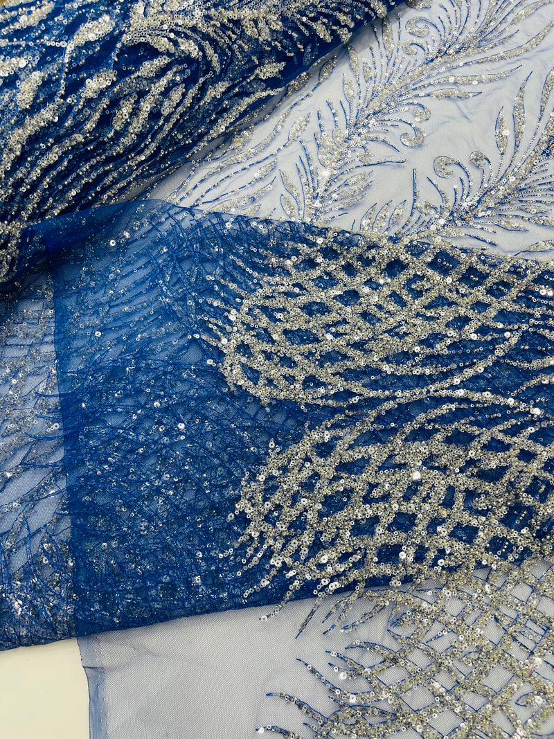 Beaded Embroidered Fabric -Royal Blue - Embroidered Heart and Feather Pattern Fabric By Yard