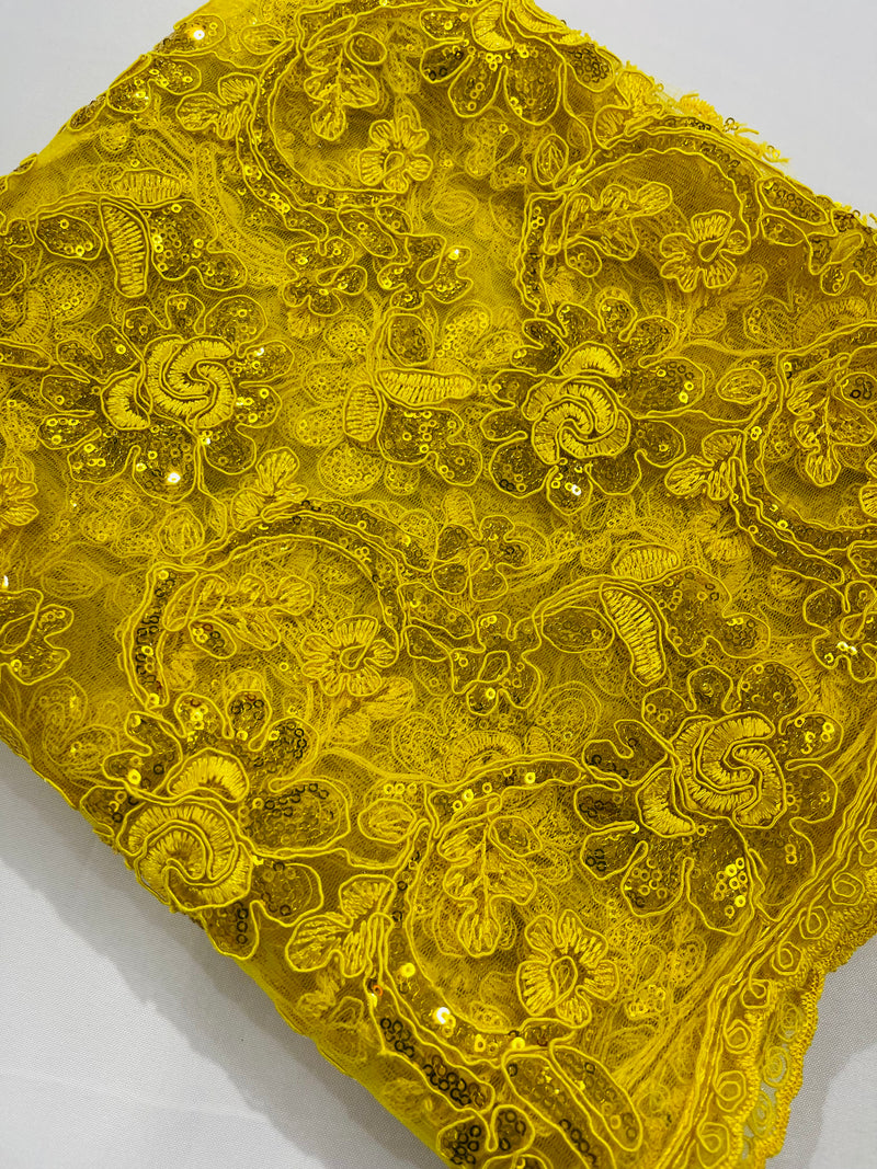 Corded Lace Flower Fabric - Yellow - Floral Design Embroidered Sequins on Mesh Lace Fabric