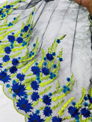 Royal Blue Sunflower Lace 3D Fabric - Black Mesh Sunflower Lace Design Sold By Yard