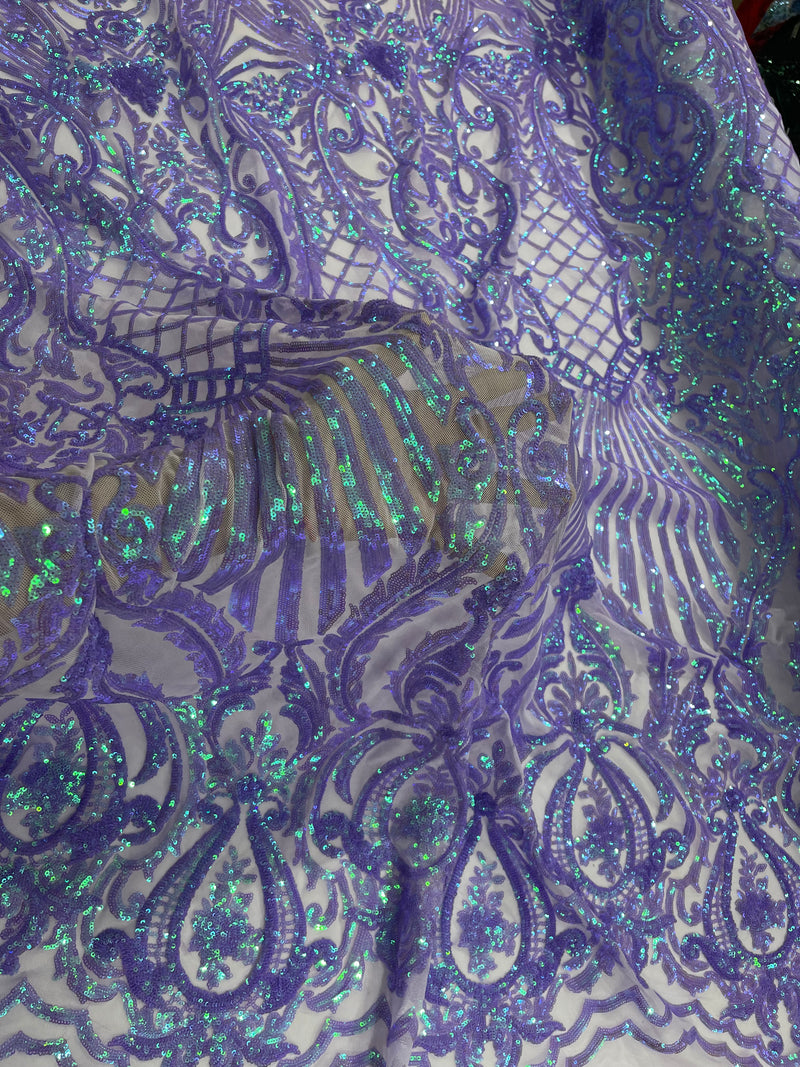 Lavender Iridescent Sequins - Lavender Damask Sequin Design on 4 Way Stretch Fabric By Yard