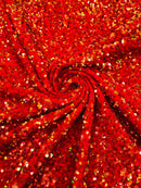 Red Green Iridescent Sequin Fabric: Red Stretch Velvet (58/60" Wide)