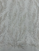 Off White Beaded Fabric by the yard, Bridal beaded, Damask Pattern With Beads and Sequin