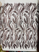 Brown Beaded Embroidered Fabric - Embroidered Heart and Feather Pattern Fabric Sold By Yard