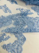 Baby Blue Beaded Fabric - Floral Beads and Sequins Embroidered on a Mesh Sold By Yard