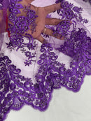 Purple Beaded Fabric, Floral Beads and Sequins Embroidered on a Mesh Sold By Yard