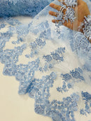 Baby Blue Beaded Fabric - Floral Beads and Sequins Embroidered on a Mesh Sold By Yard