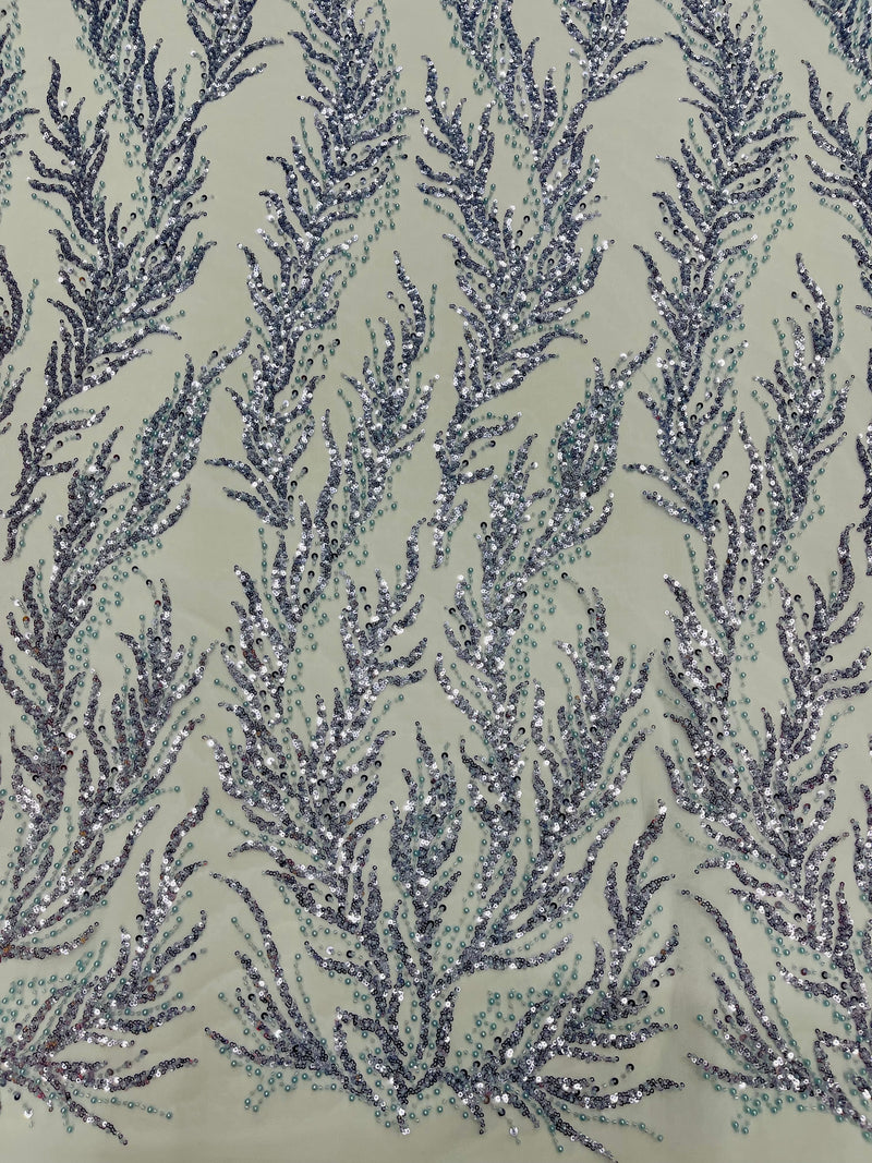Baby Blue Beaded Fabric by the yard, Bridal beaded, Damask Pattern With Beads and Sequin