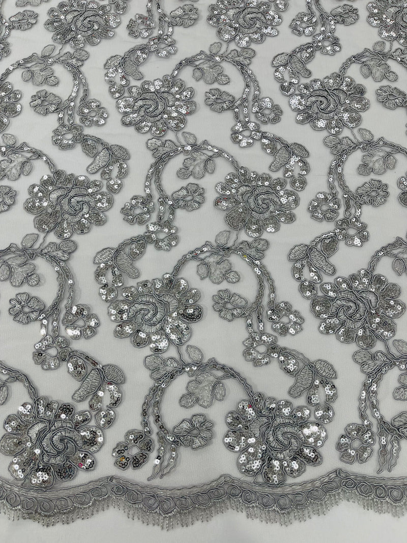 Corded Lace Flower Fabric - Silver - Floral Design Embroidered Sequins on Mesh Lace Fabric