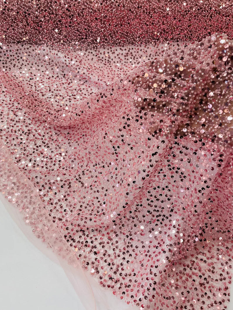 Beaded Sequins Pearl Fabric - Dusty Pink -  Embroidered Pearl Beads and Sequins on Lace By Yard