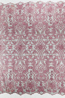 Damask Fancy Design - Dusty Pink - Embroidered Black Mesh Damask Design Lace Fabric Sold by Yard