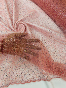 Beaded Mesh 3D Fabric - Dusty Pink - Beaded Lace Mesh Fabric Embroidered with Small Sequins Sold By Yard