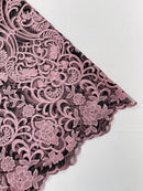Damask Fancy Design - Dusty Pink - Embroidered Black Mesh Damask Design Lace Fabric Sold by Yard
