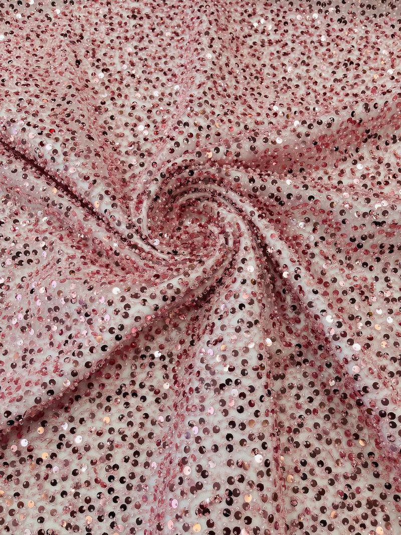 Beaded Sequins Pearl Fabric - Dusty Pink -  Embroidered Pearl Beads and Sequins on Lace By Yard