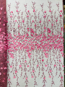 3D Glitter Floral Fabric - Dusty Pink - Floral Line Glitter Designs on Mesh Fabric Sold By Yard