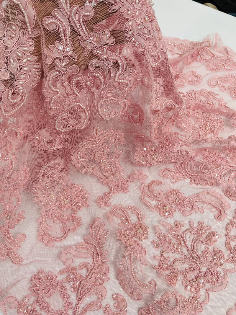 My Lady Beaded Fabric - Dusty Pink - Damask Beaded Sequins Embroidered Fabric By Yard