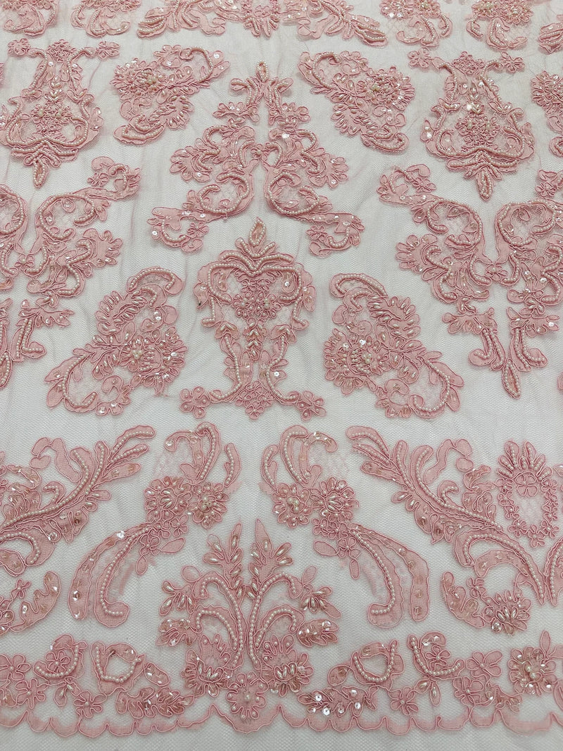 My Lady Beaded Fabric - Dusty Pink - Damask Beaded Sequins Embroidered Fabric By Yard