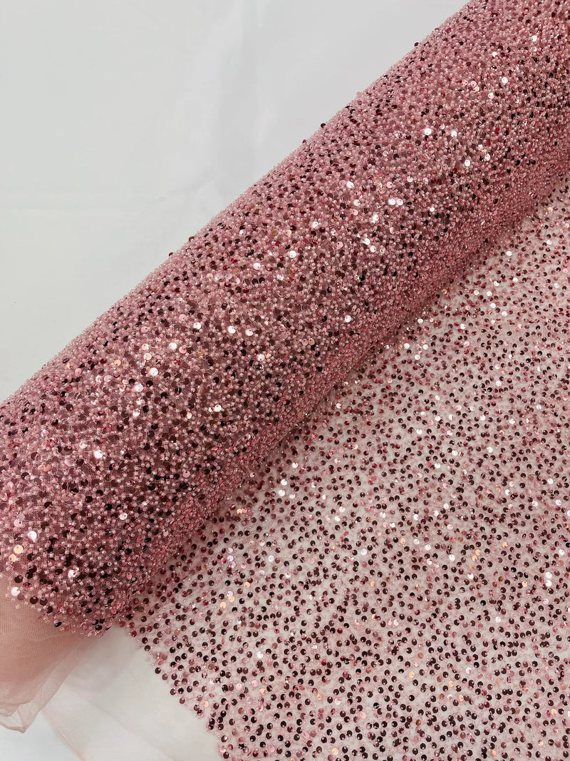 Beaded Sequins Pearl Fabric - Dusty Pink -  Embroidered Pearl Beads and Sequins on Lace By Yard