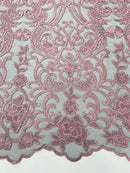 Damask Fancy Design - Dusty Pink - Embroidered Black Mesh Damask Design Lace Fabric Sold by Yard