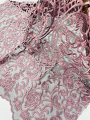 Damask Fancy Design - Dusty Pink - Embroidered Black Mesh Damask Design Lace Fabric Sold by Yard