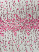 3D Glitter Floral Fabric - Dusty Pink - Floral Line Glitter Designs on Mesh Fabric Sold By Yard