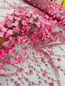 3D Glitter Floral Fabric - Dusty Pink - Floral Line Glitter Designs on Mesh Fabric Sold By Yard