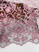 Damask Fancy Design - Dusty Pink - Embroidered Black Mesh Damask Design Lace Fabric Sold by Yard