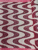 Wavy Line Design Velvet Sequins - Dusty Rose / White - Velvet Sequins Fabric 2 Way Stretch 58"- 60" By Yard