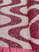 Wavy Line Design Velvet Sequins - Dusty Rose / White - Velvet Sequins Fabric 2 Way Stretch 58"- 60" By Yard