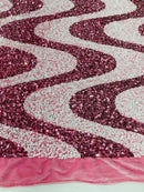 Wavy Line Design Velvet Sequins - Dusty Rose / White - Velvet Sequins Fabric 2 Way Stretch 58"- 60" By Yard