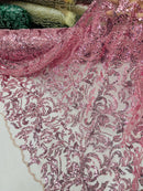 Floral Leaf Bead Fabric - Dusty Rose - Leaf Design Shiny Beads and Sequins on Lace Mesh by Yard
