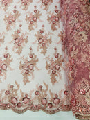 Beaded Sequins Floral Fabric - Dusty Rose - Embroidered Beaded Floral Clusters Sequins Fabric By Yard